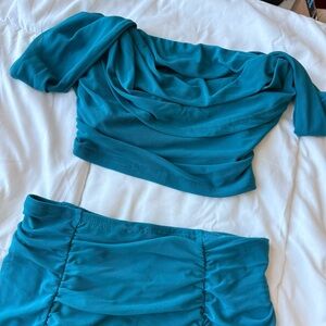 Teal Off-Shoulder Top and Skirt Set